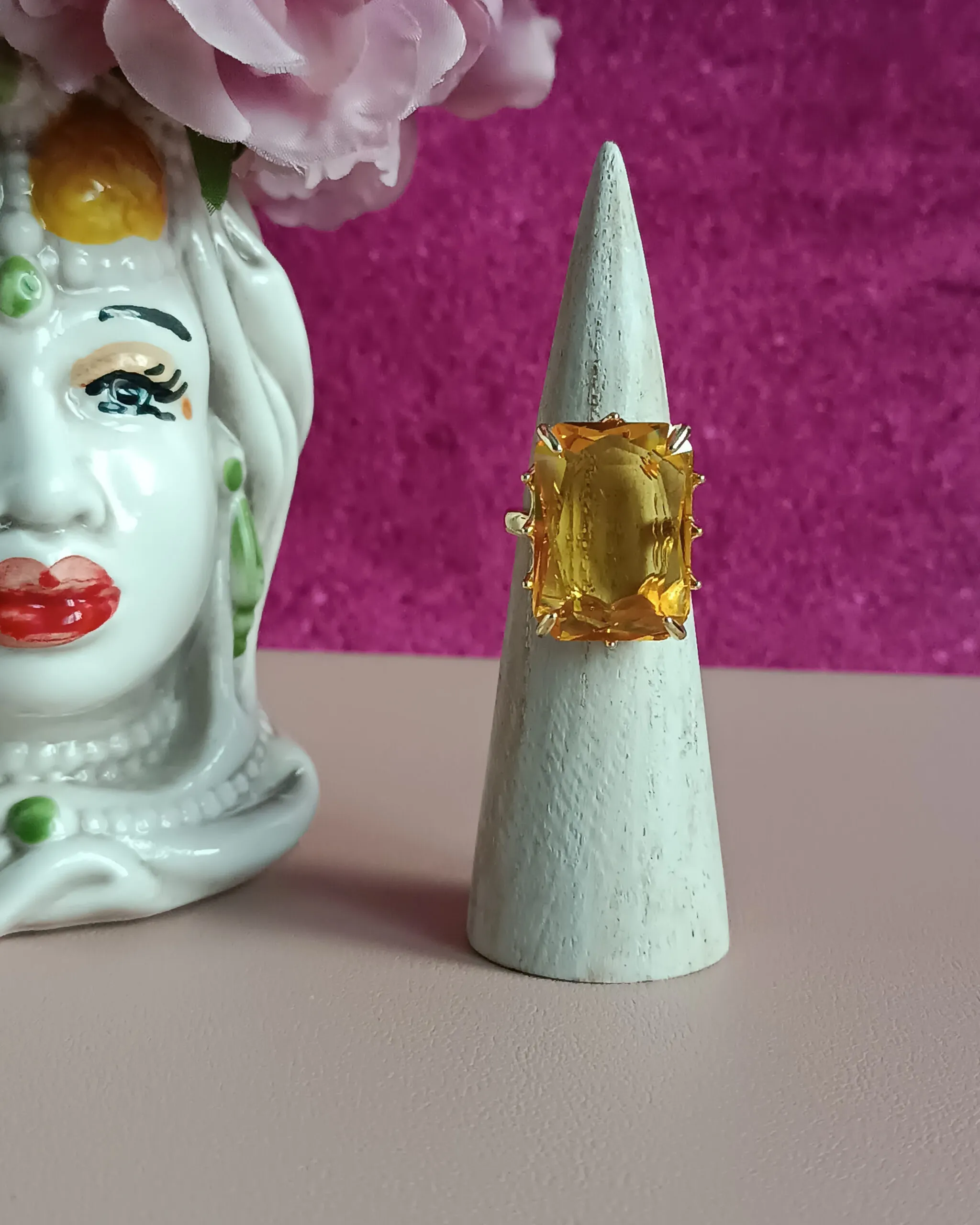Anello in Ottone con Pietra Rettangolare Cristallo Giallo Citrino