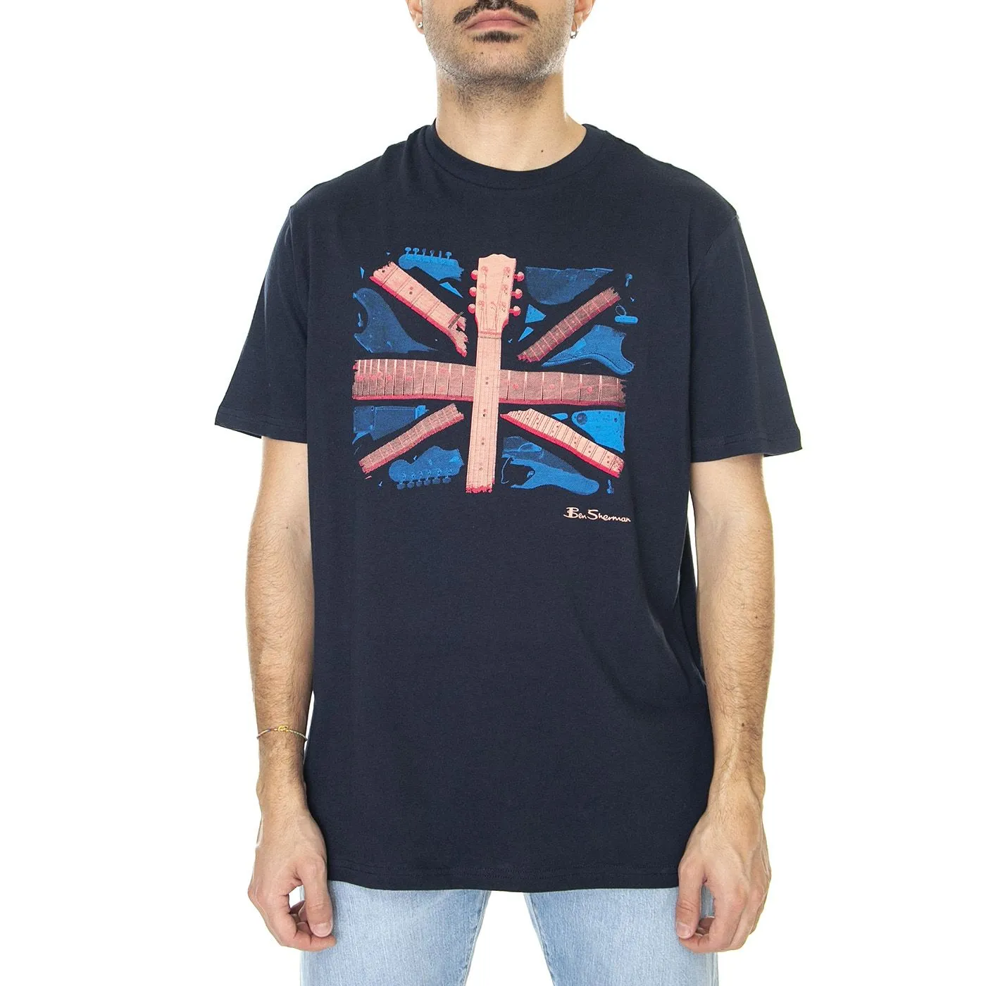 Ben Sherman Smashed Guitar Union Jack Tee Dark Navy - Maglietta Girocollo Uomo Blu    