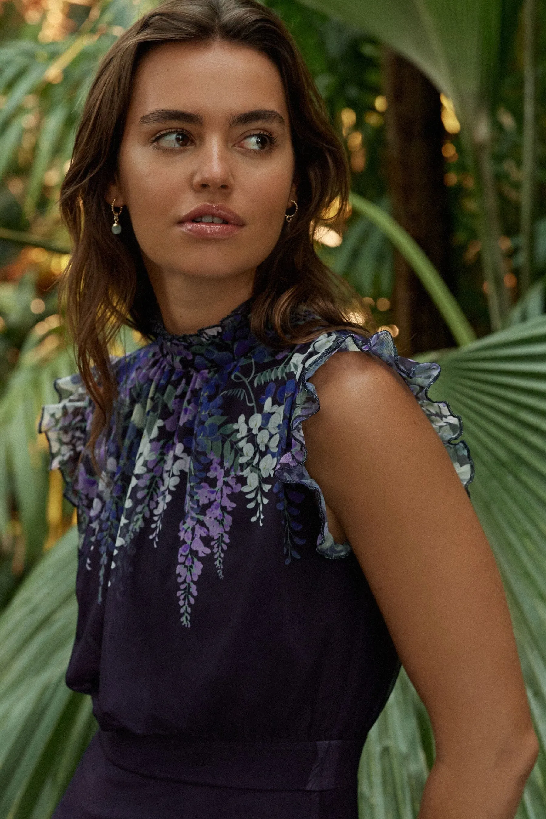 Blu navy e Viola Floreale  - Kew Collection - Abito con A pieghe Ruches a rete