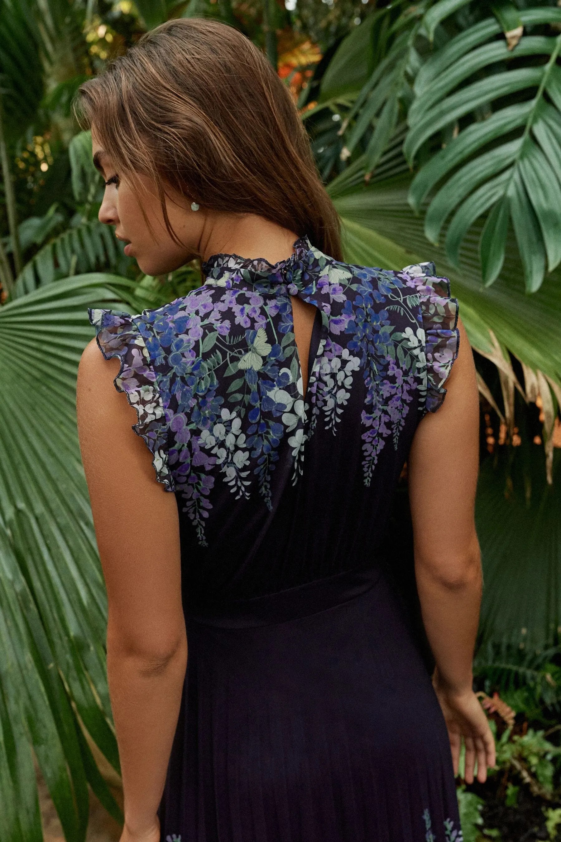 Blu navy e Viola Floreale  - Kew Collection - Abito con A pieghe Ruches a rete