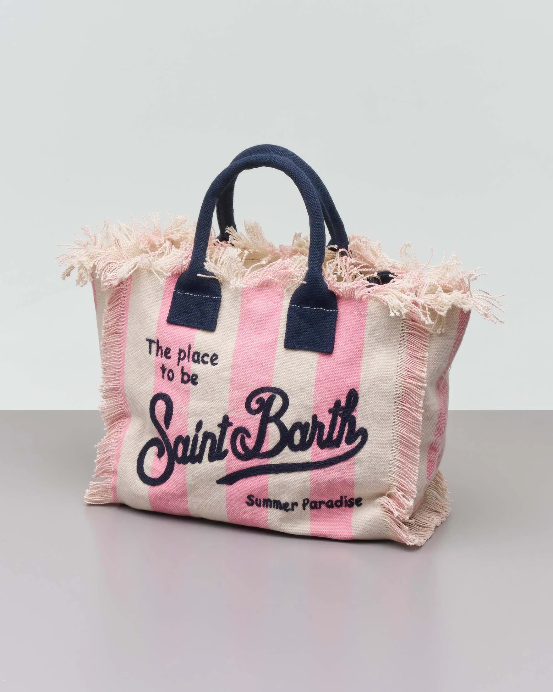 Borsa Colette in tela di cotone a fantasia rigata bianca e rosa con ricamo logo blu