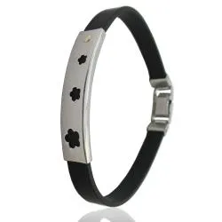 Bracciale caucciu' con targa acciaio traforata con fiori e borchia in oro giallo