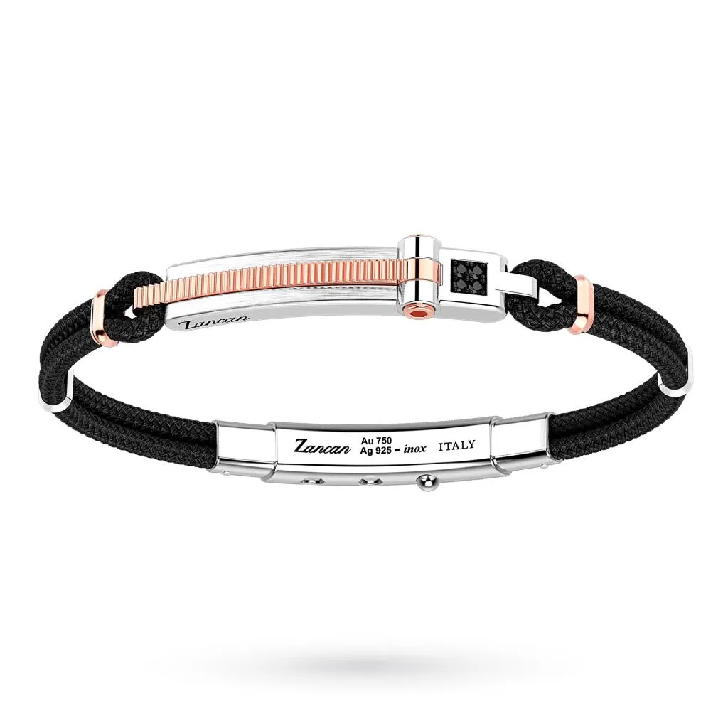 Bracciale Zancan EXB788-N kevlar placca argento oro rosa pietre nere