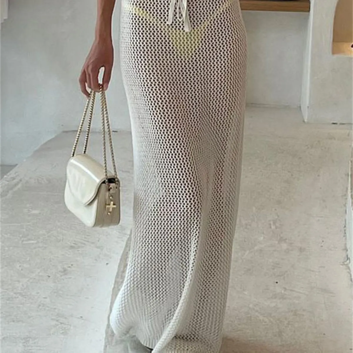 Gonna lunga in maglia svasata per donna Gonna casual da spiaggia trasparente per le vacanze Abiti Maglieria solida Stringa
