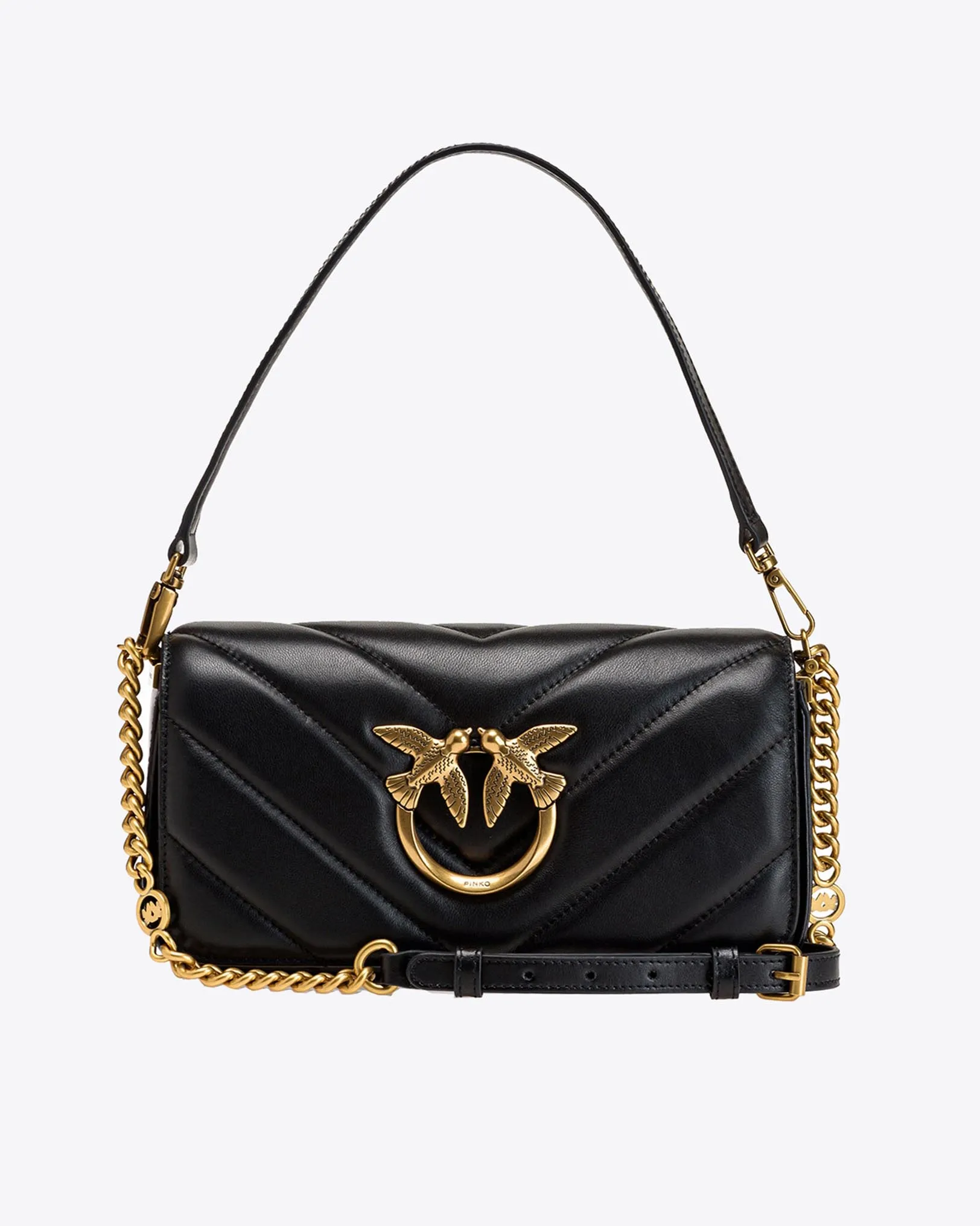 Mini Love Bag Click rettangolare in pelle nera trapuntata chevron con fibbia dorata Love Birds con effetto cut out