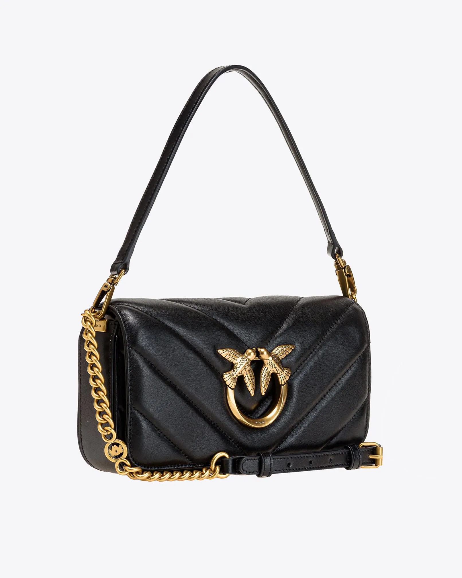 Mini Love Bag Click rettangolare in pelle nera trapuntata chevron con fibbia dorata Love Birds con effetto cut out