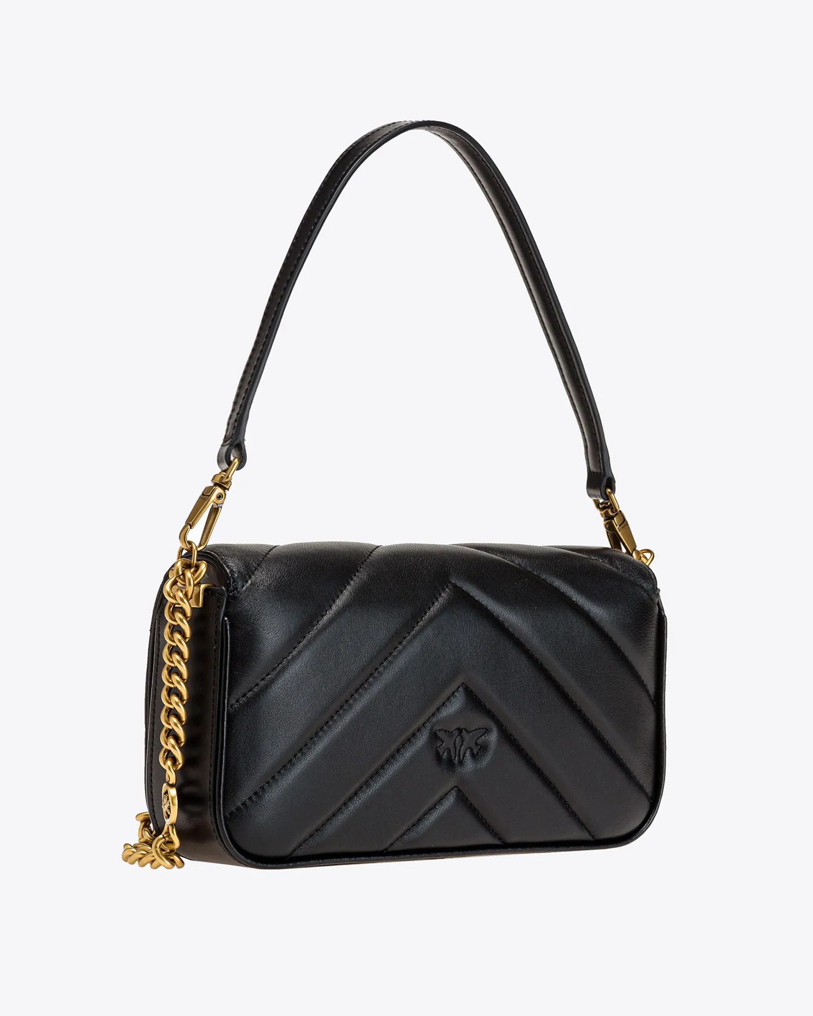 Mini Love Bag Click rettangolare in pelle nera trapuntata chevron con fibbia dorata Love Birds con effetto cut out