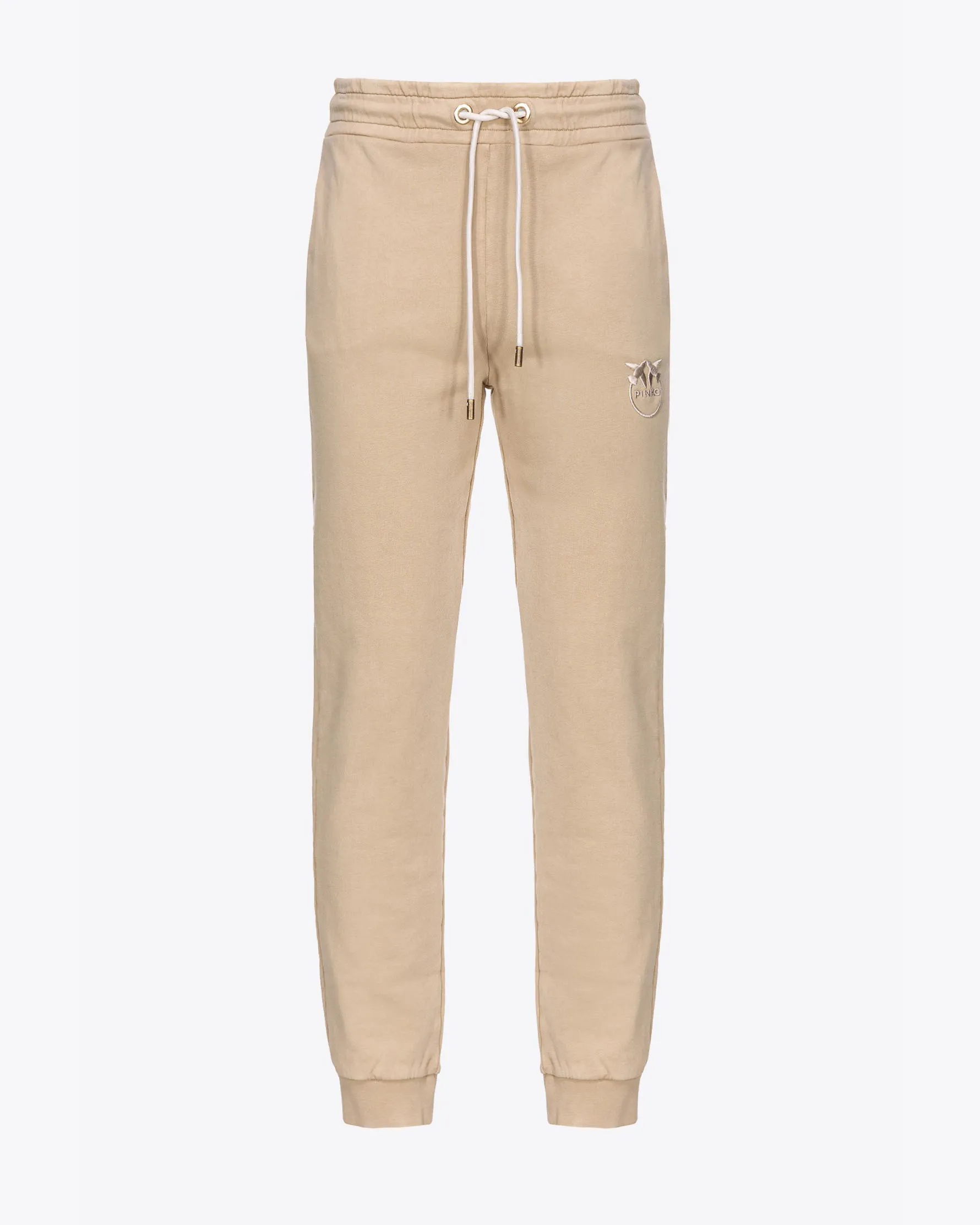 Pantaloni beige in felpa di cotone con coulisse in vita e logo ricamato sul fianco