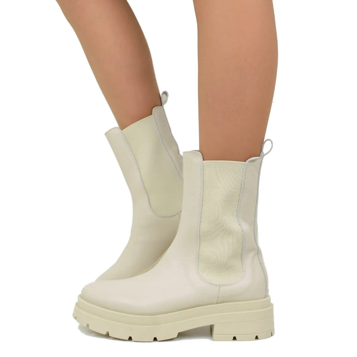 Stivaletti Beatles con Inserti Elasticizzati in Pelle Offwhite