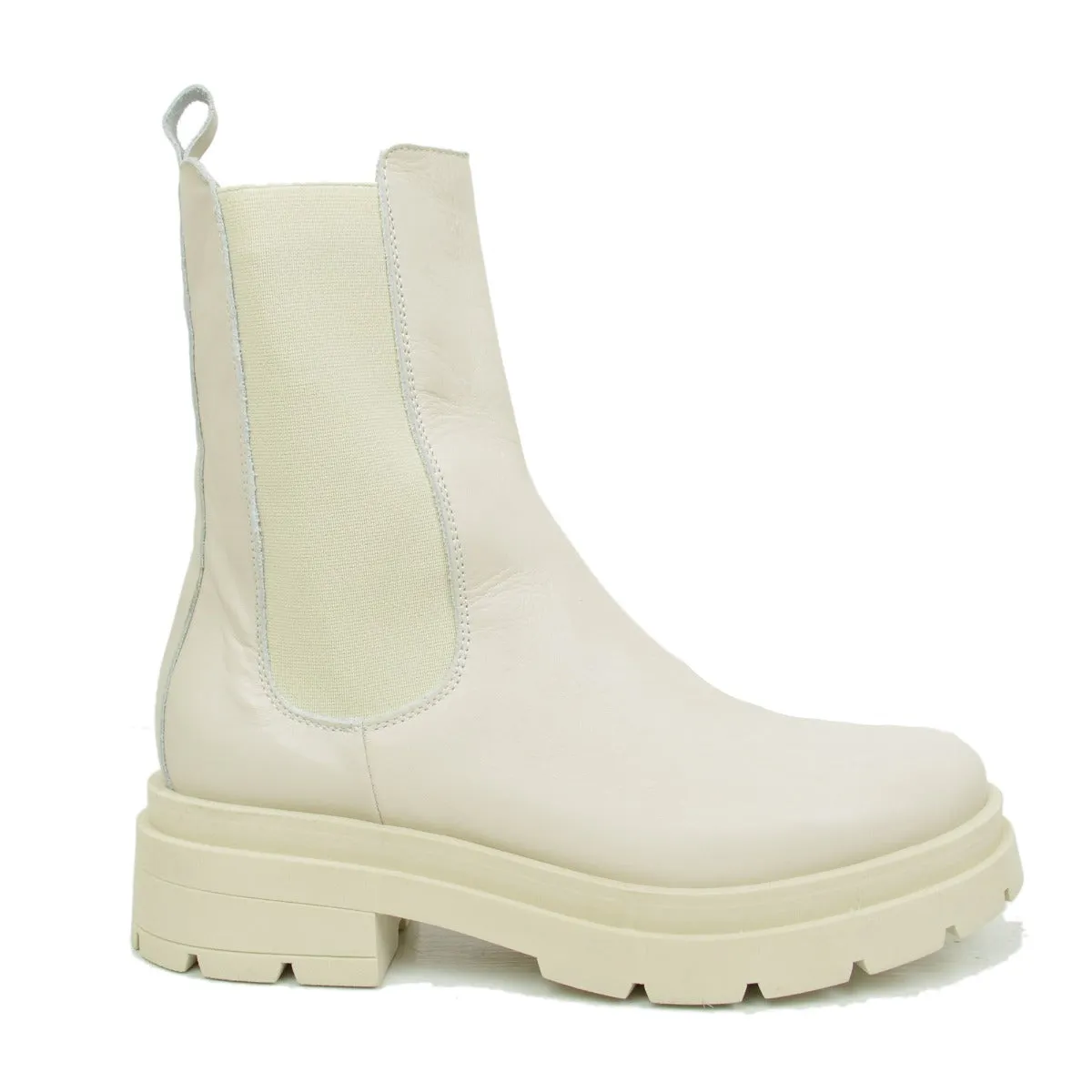 Stivaletti Beatles con Inserti Elasticizzati in Pelle Offwhite