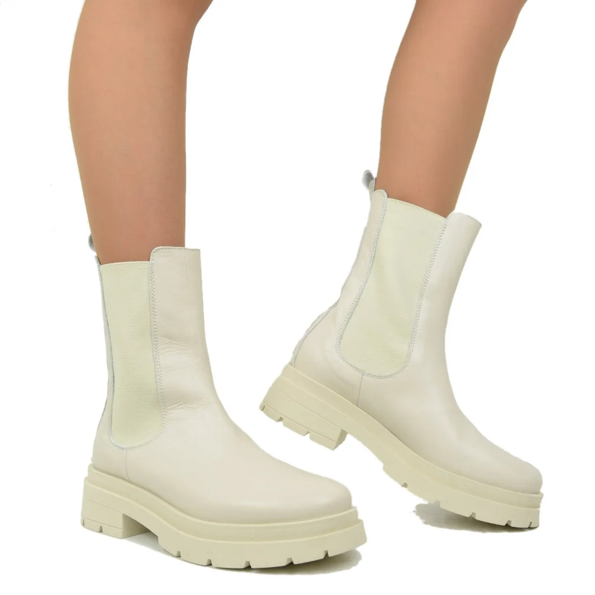 Stivaletti Beatles con Inserti Elasticizzati in Pelle Offwhite