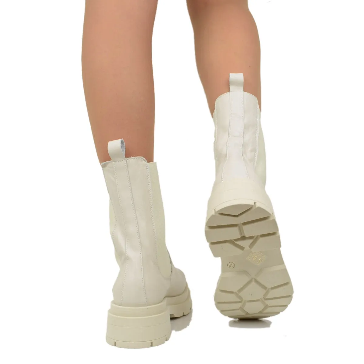 Stivaletti Beatles con Inserti Elasticizzati in Pelle Offwhite