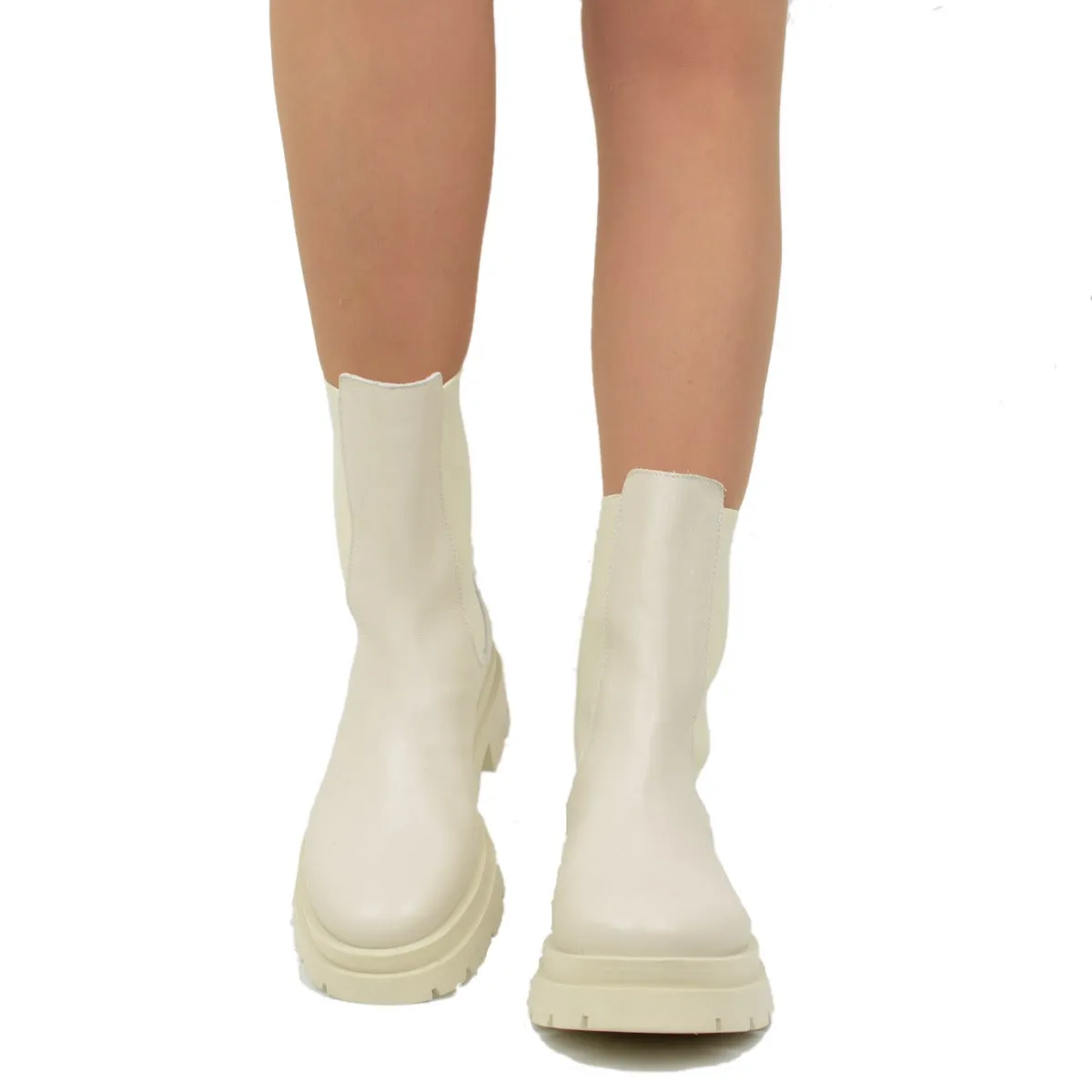Stivaletti Beatles con Inserti Elasticizzati in Pelle Offwhite