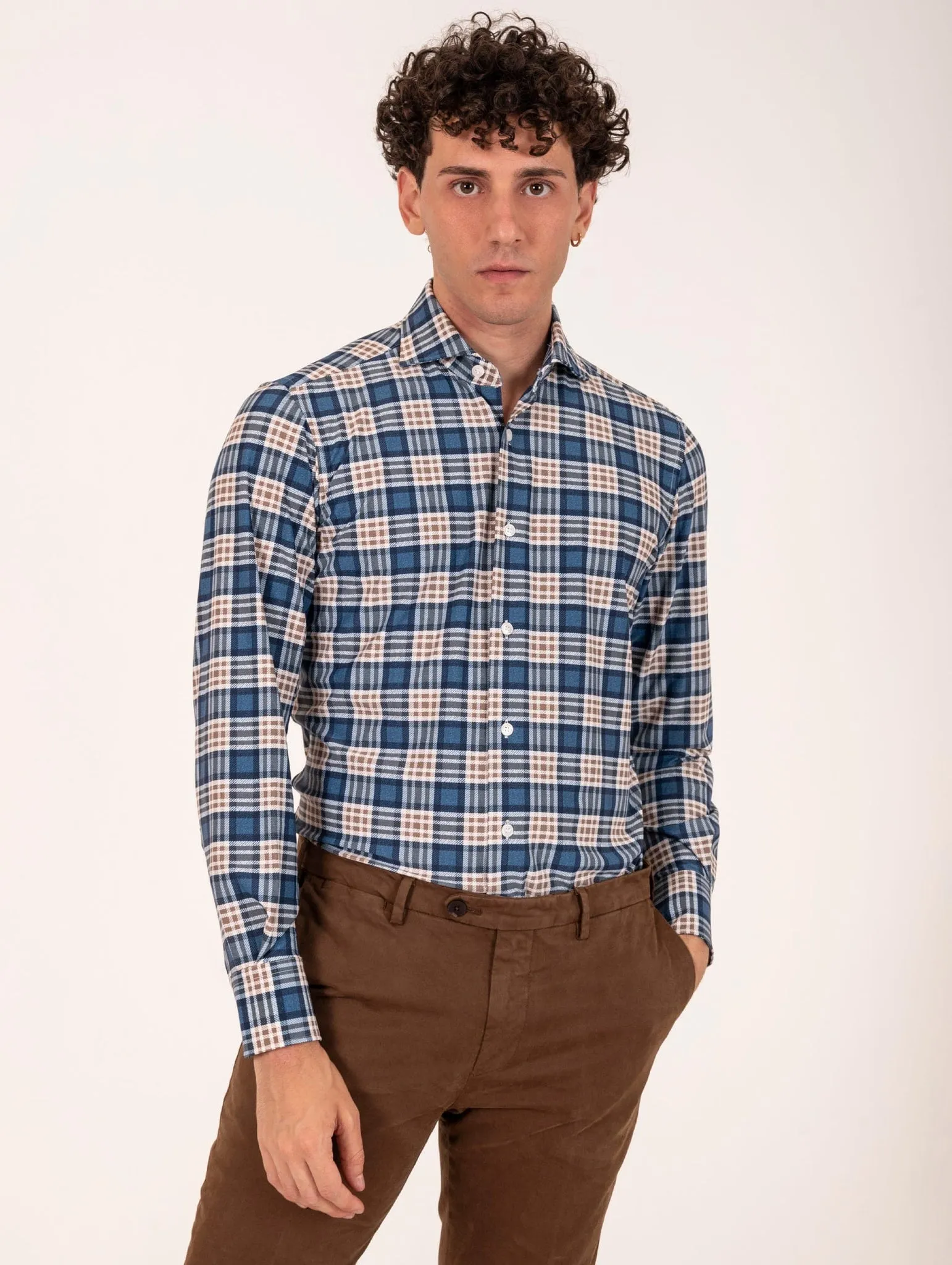 Tecno Camicia Orian Antibatterica Fantasia Blu e Tabacco