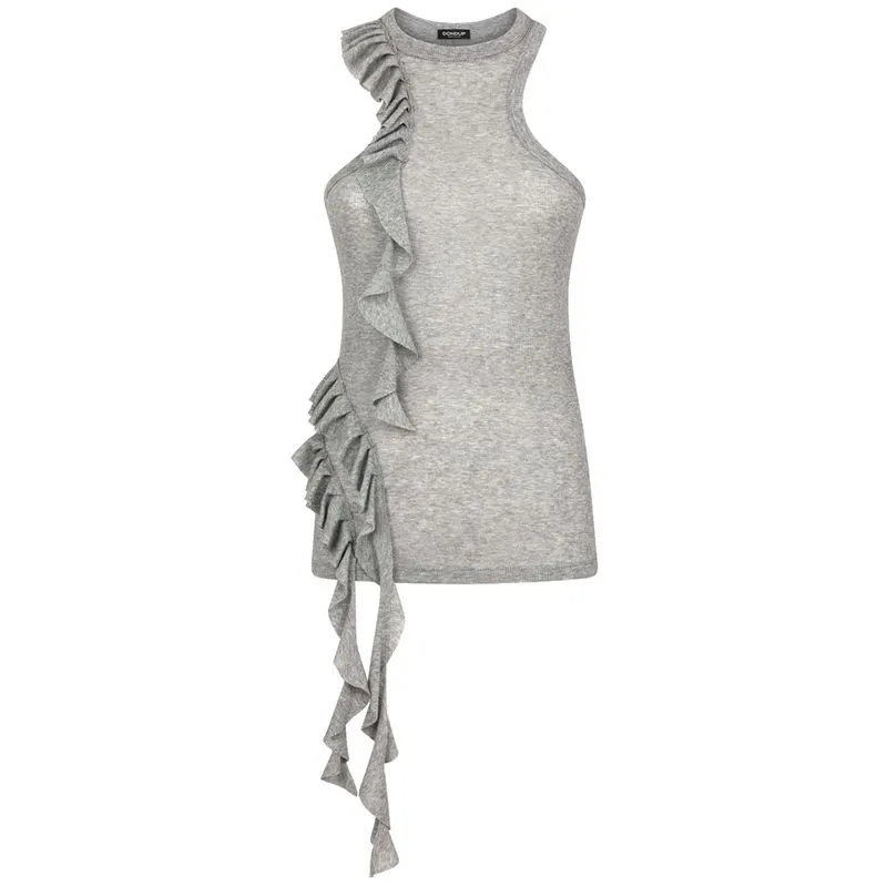 Top grigio in cotone con lunghi volant 