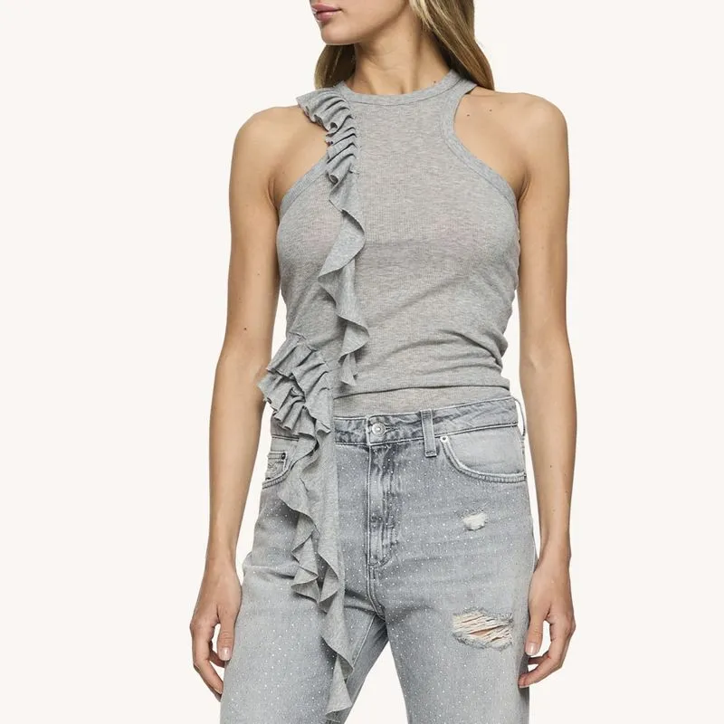 Top grigio in cotone con lunghi volant 