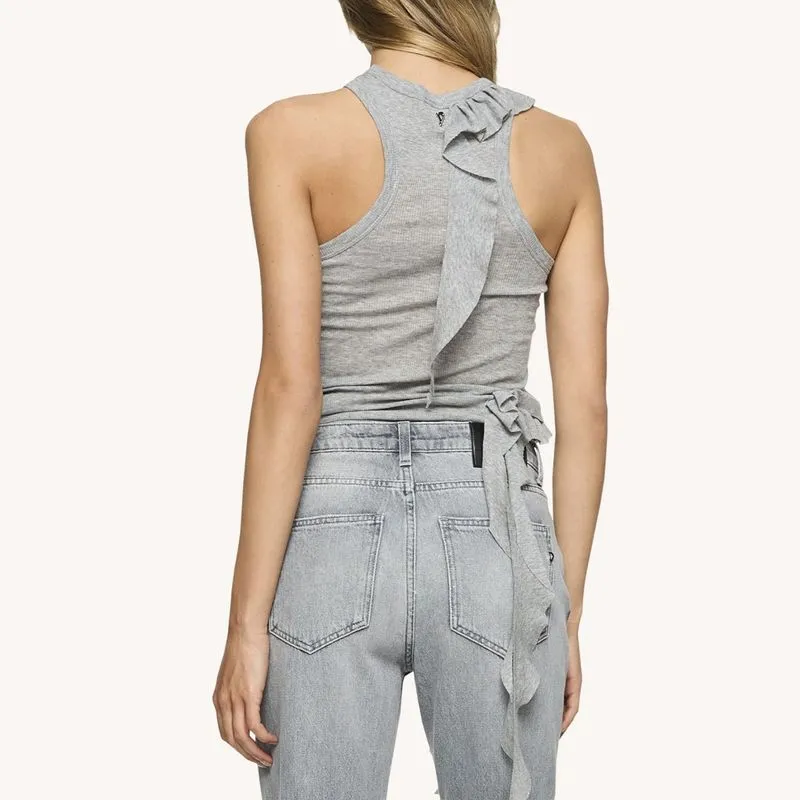 Top grigio in cotone con lunghi volant 