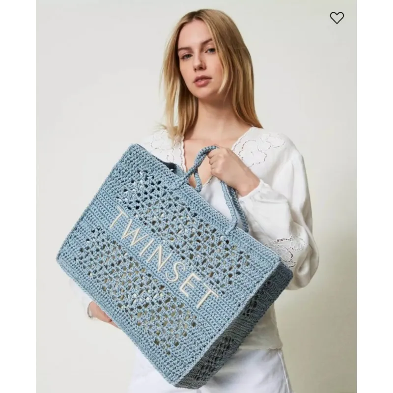 TWINSET borsa shopper 'Bohèmien' crochet BLUE TEA