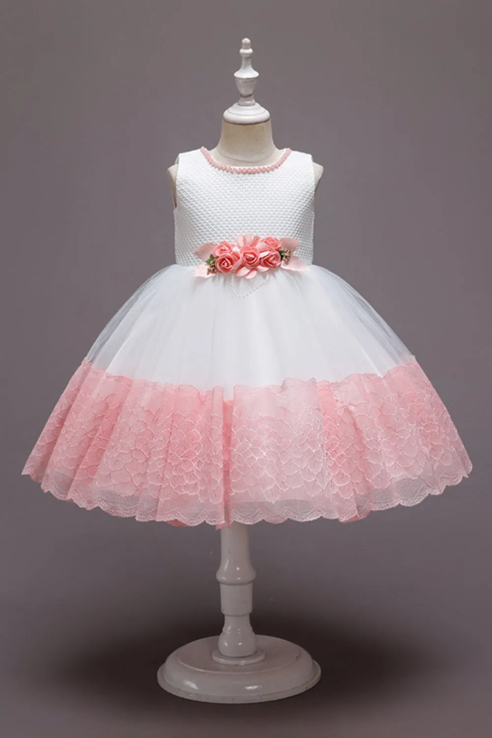 Vestito da ragazza in tulle di tulle fiore senza maniche rosa con fiocco