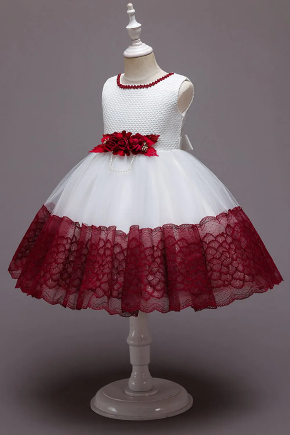 Vestito da ragazza in tulle di tulle fiore senza maniche rosa con fiocco