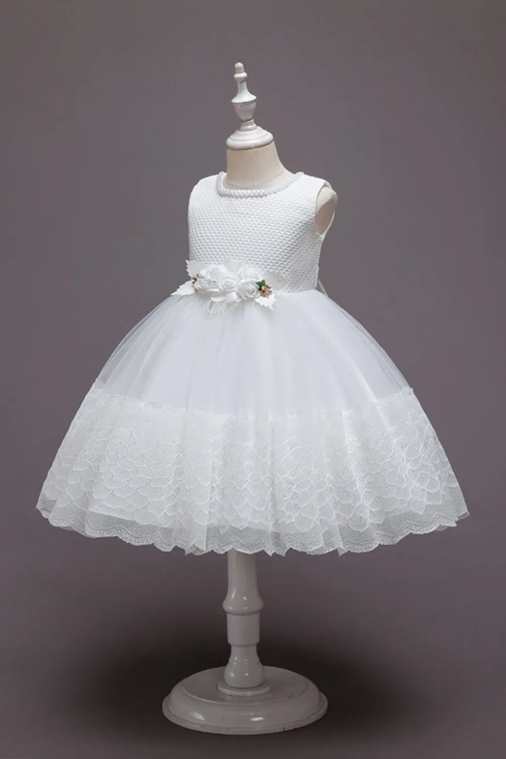 Vestito da ragazza in tulle di tulle fiore senza maniche rosa con fiocco