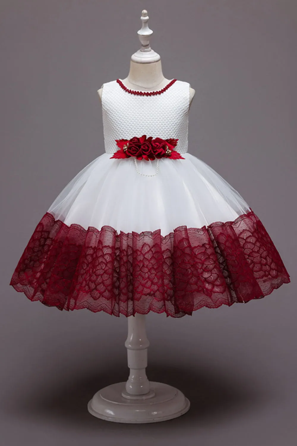 Vestito da ragazza in tulle di tulle fiore senza maniche rosa con fiocco